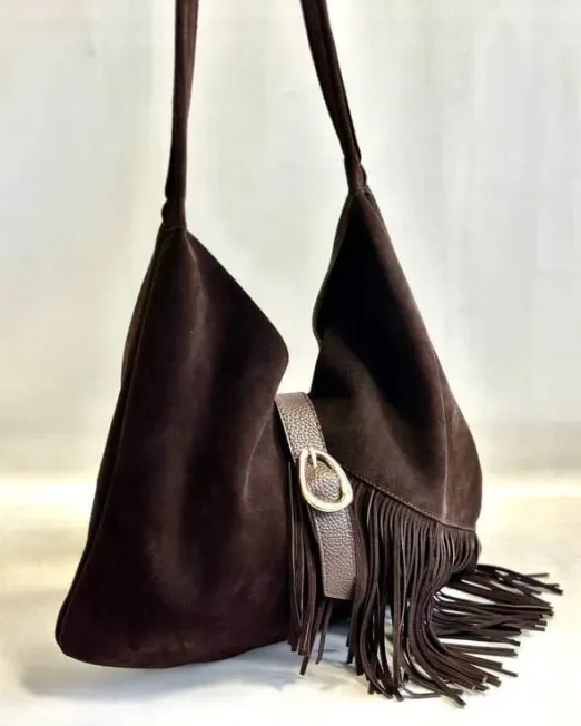 Hakiki Deri Süet Kadın Çantası | Püskül ve Toka Detaylı Kahverengi Hobo Çanta
