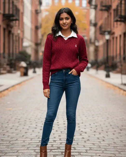 Gömlek Yaka Kazak | Kahverengi & Bordo Kadın Triko Kışlık Şık Kazak