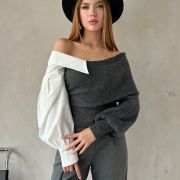 Antrasit Tek Omuz Gömlek Yaka Detaylı Triko Kazak