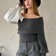 Antrasit Tek Omuz Gömlek Yaka Detaylı Triko Kazak