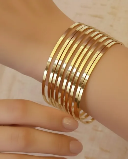 İnce Ajda Bilezik Seti 9 Adet Altın Rengi Lüks Düz İnce Bileklik Takımı