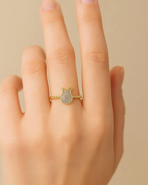 Altın Renk Lale Motif Zirkon Taşlı Ayarlanabilir Kadın Yüzük